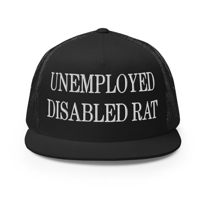 Unemployed Disabled Rat Embroidered Mesh Flat Bill Brim Trucker Hat Black