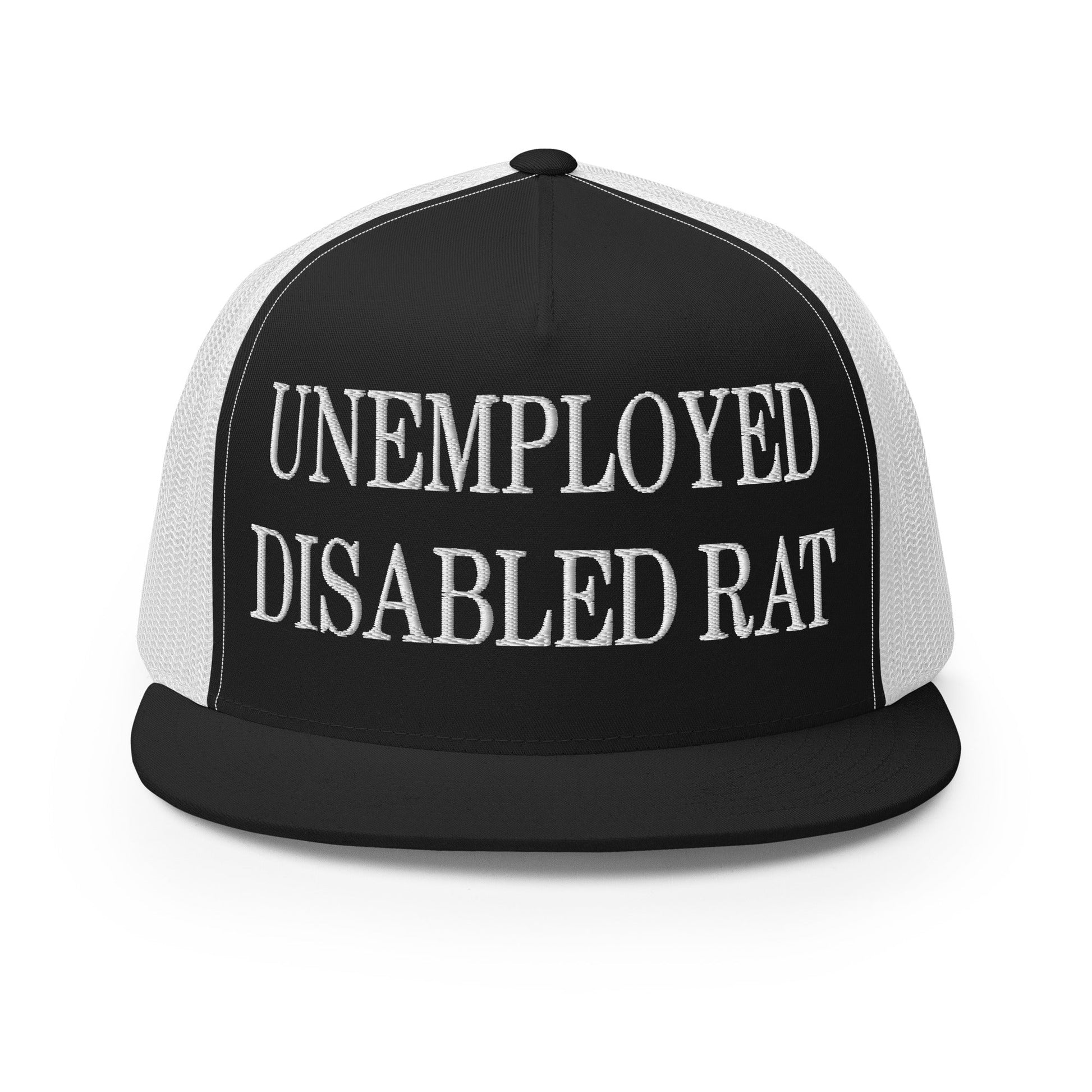 Unemployed Disabled Rat Embroidered Mesh Flat Bill Brim Trucker Hat Black White