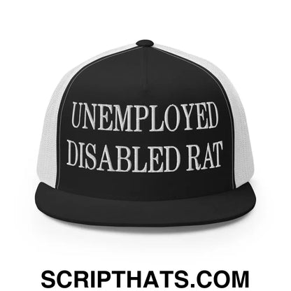 Unemployed Disabled Rat Embroidered Mesh Flat Bill Brim Trucker Hat Black White