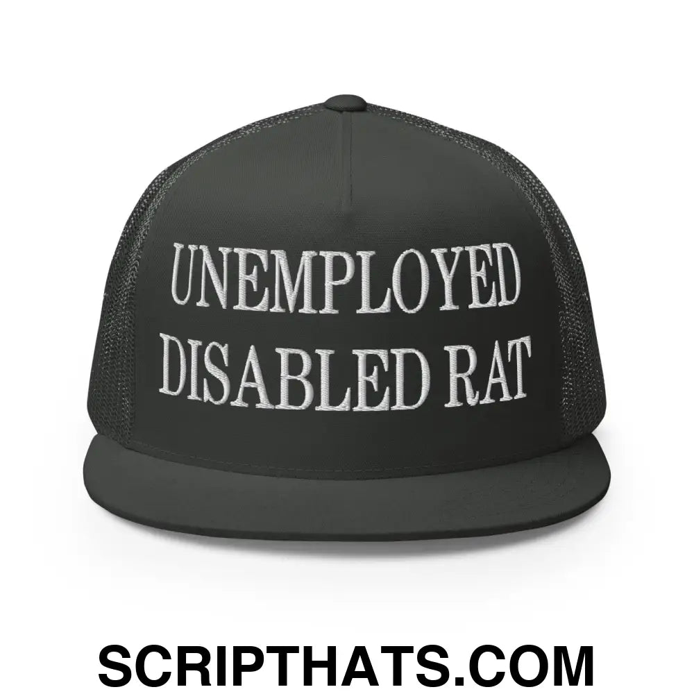 Unemployed Disabled Rat Embroidered Mesh Flat Bill Brim Trucker Hat Charcoal