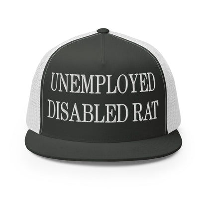 Unemployed Disabled Rat Embroidered Mesh Flat Bill Brim Trucker Hat Charcoal White