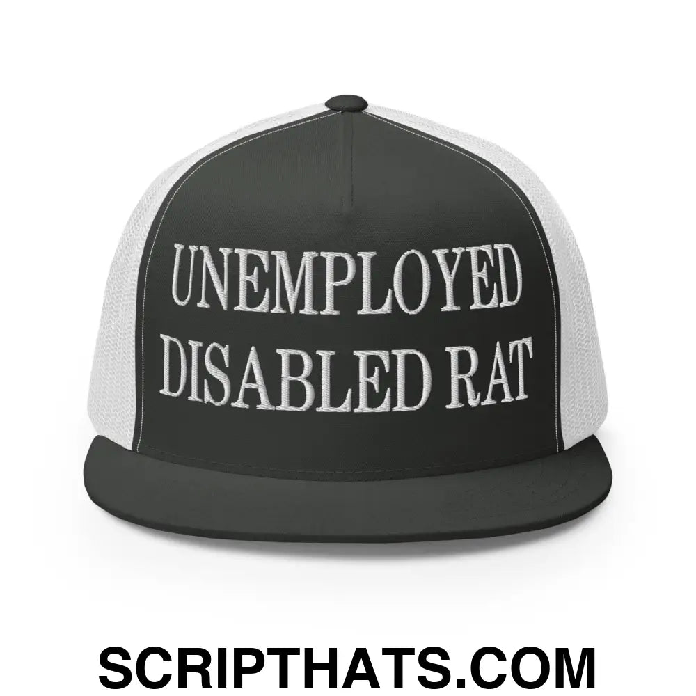 Unemployed Disabled Rat Embroidered Mesh Flat Bill Brim Trucker Hat Charcoal White