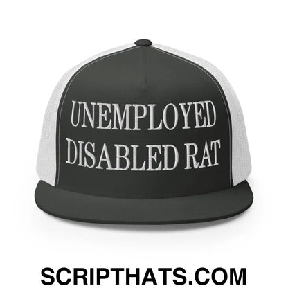 Unemployed Disabled Rat Embroidered Mesh Flat Bill Brim Trucker Hat Charcoal White