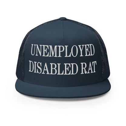 Unemployed Disabled Rat Embroidered Mesh Flat Bill Brim Trucker Hat Navy