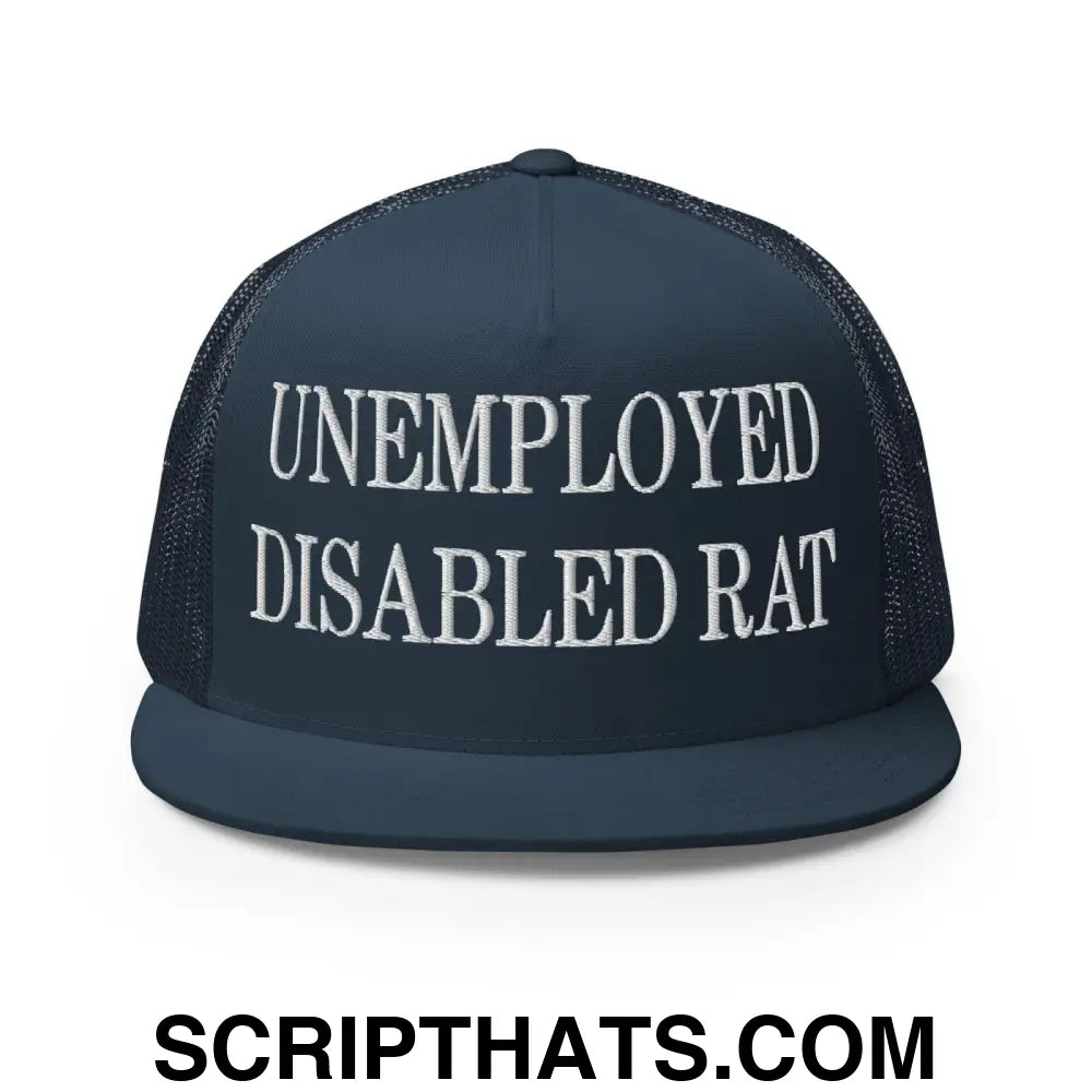 Unemployed Disabled Rat Embroidered Mesh Flat Bill Brim Trucker Hat Navy