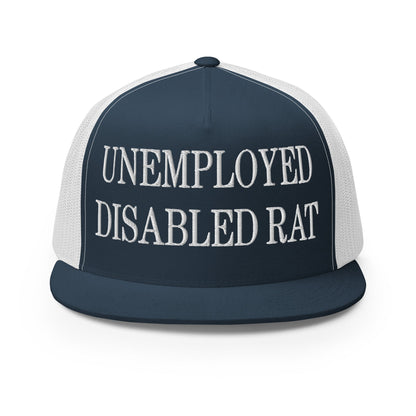 Unemployed Disabled Rat Embroidered Mesh Flat Bill Brim Trucker Hat Navy White