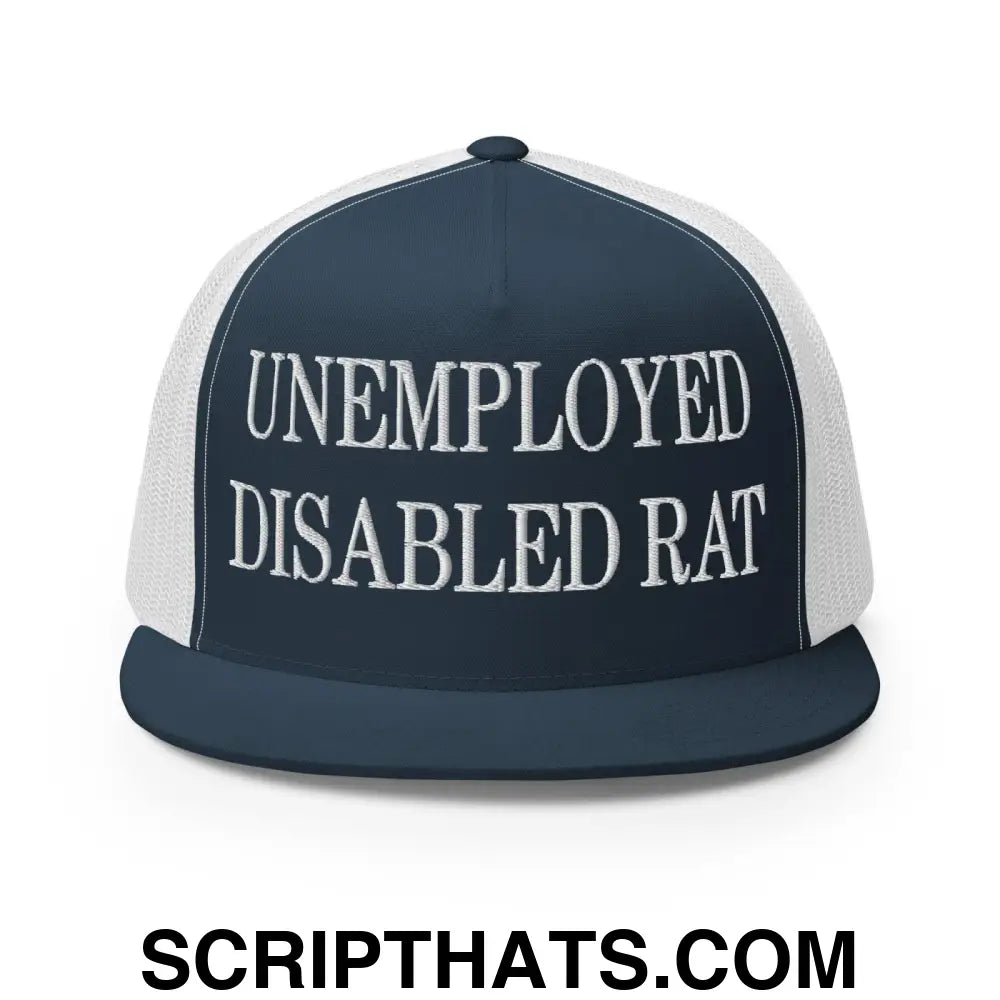 Unemployed Disabled Rat Embroidered Mesh Flat Bill Brim Trucker Hat Navy White