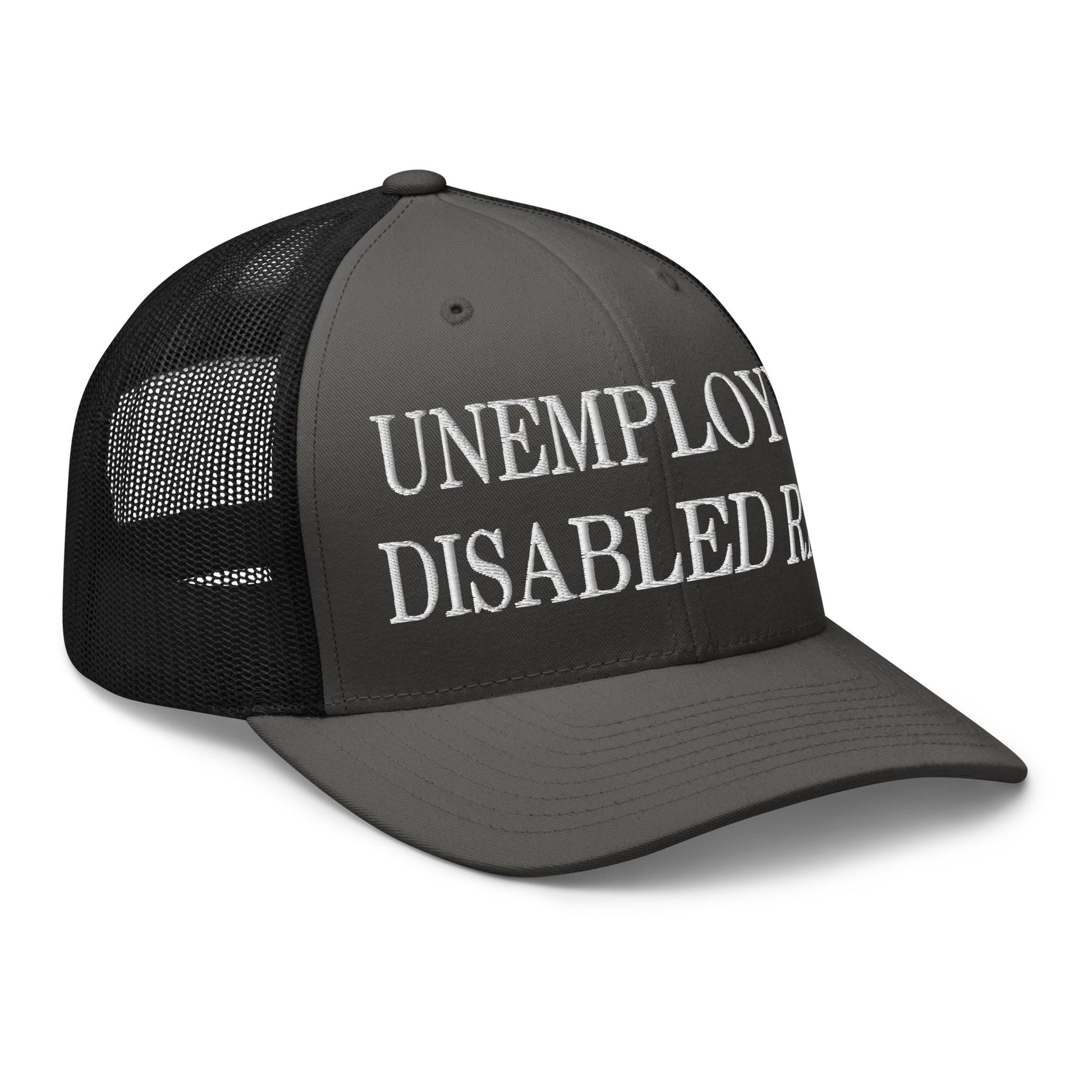 Unemployed Disabled Rat Embroidered Mesh Trucker Hat Charcoal Black