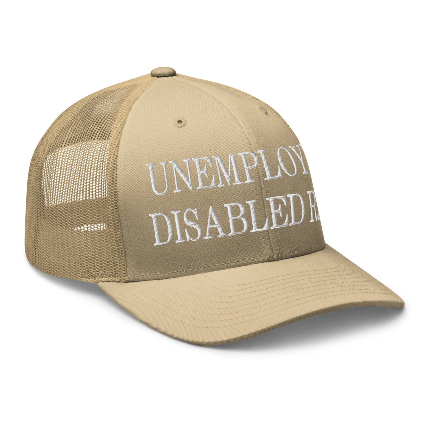 Unemployed Disabled Rat Embroidered Mesh Trucker Hat Khaki