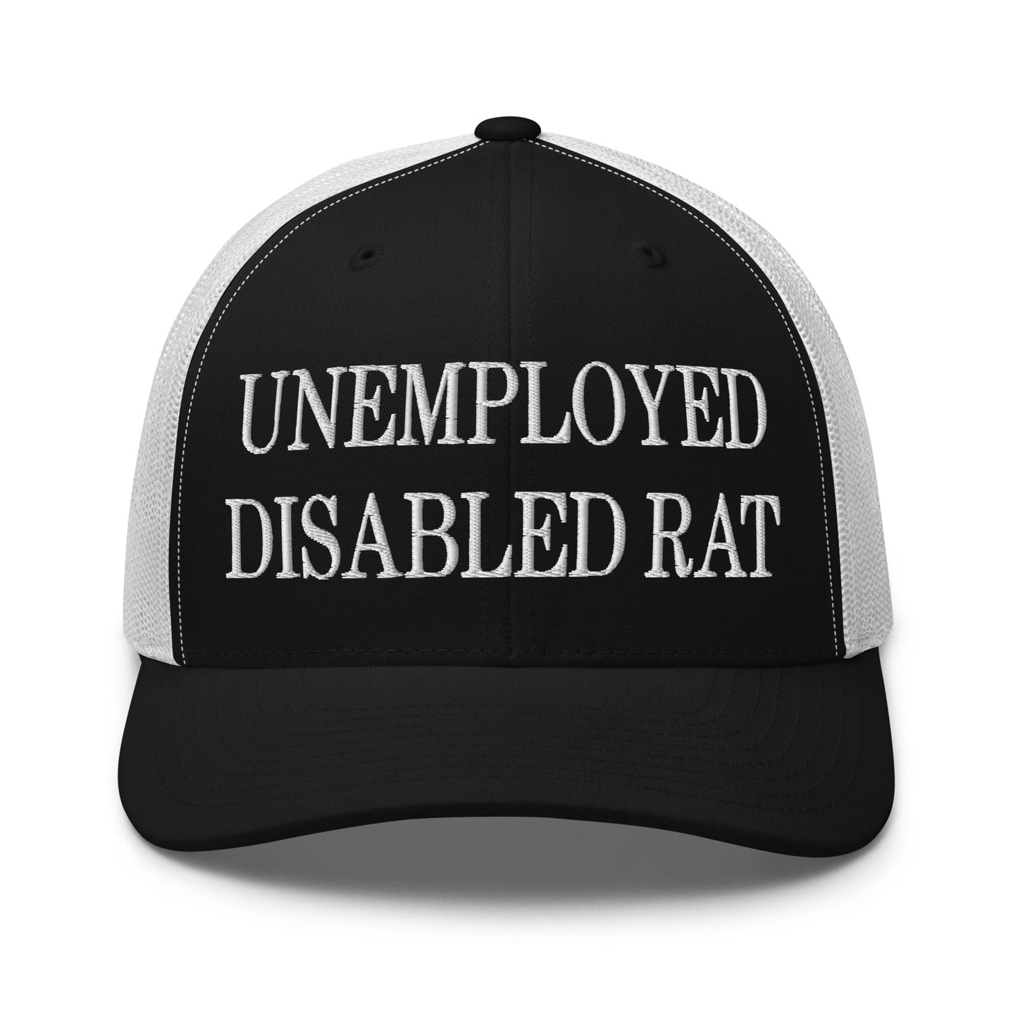 Unemployed Disabled Rat Embroidered Mesh Trucker Hat Black White