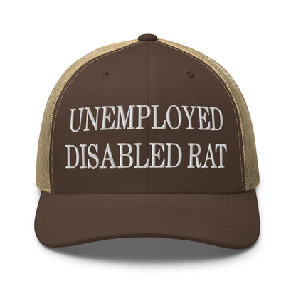 Unemployed Disabled Rat Embroidered Mesh Trucker Hat Brown Khaki