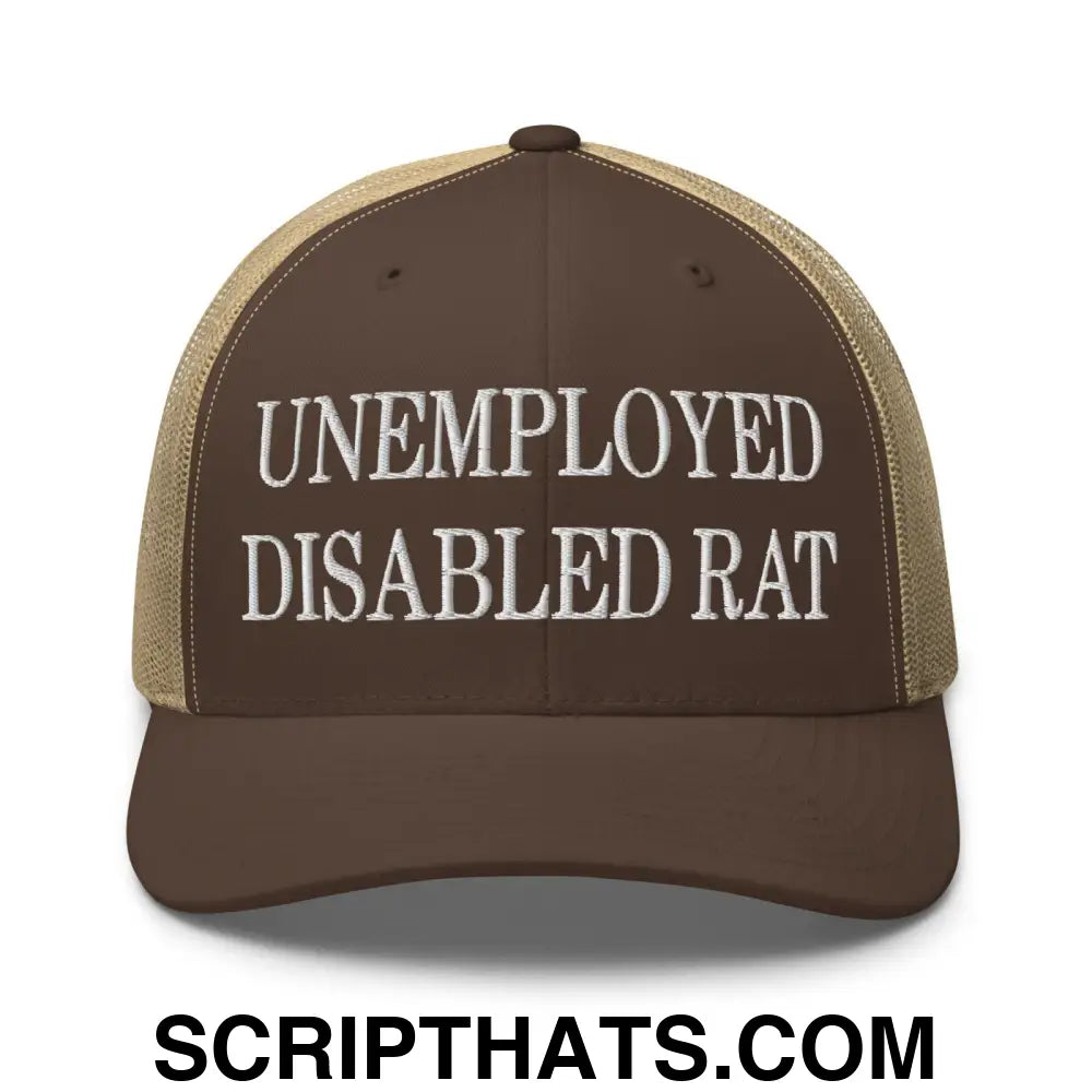 Unemployed Disabled Rat Embroidered Mesh Trucker Hat Brown Khaki