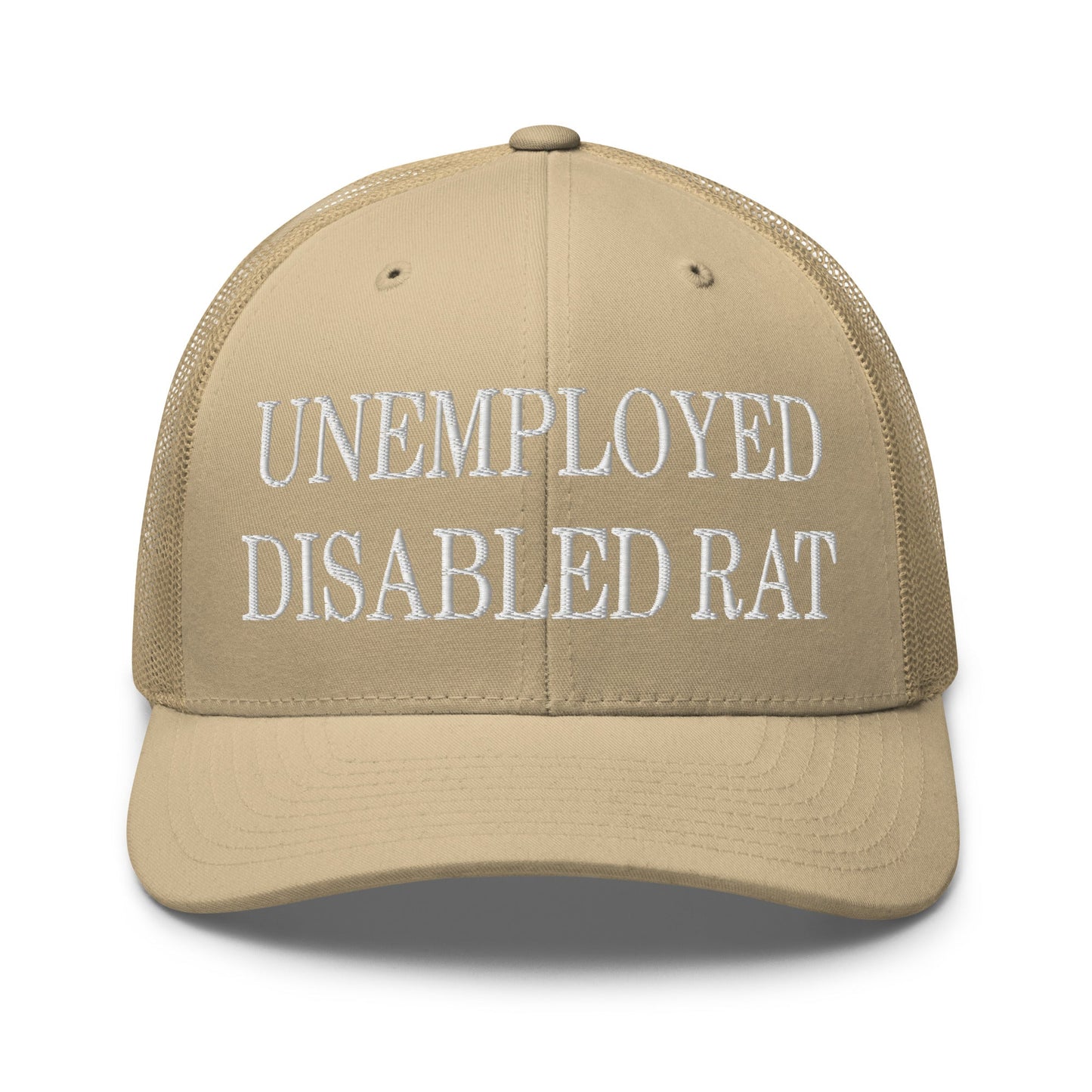 Unemployed Disabled Rat Embroidered Mesh Trucker Hat Khaki