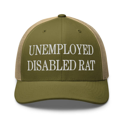 Unemployed Disabled Rat Embroidered Mesh Trucker Hat Moss Khaki