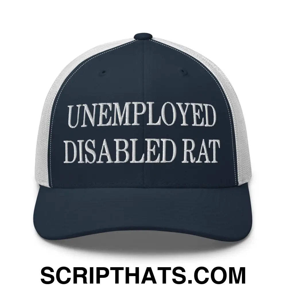 Unemployed Disabled Rat Embroidered Mesh Trucker Hat Navy White