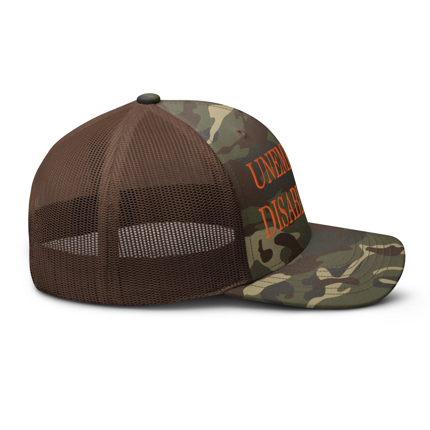 Unemployed Disabled Rat Embroidered Orange Camo Trucker Hat Camo Brown