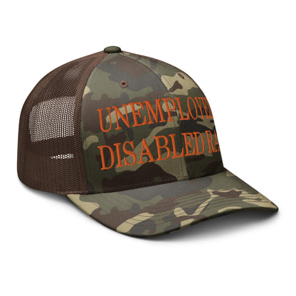 Unemployed Disabled Rat Embroidered Orange Camo Trucker Hat Camo Brown