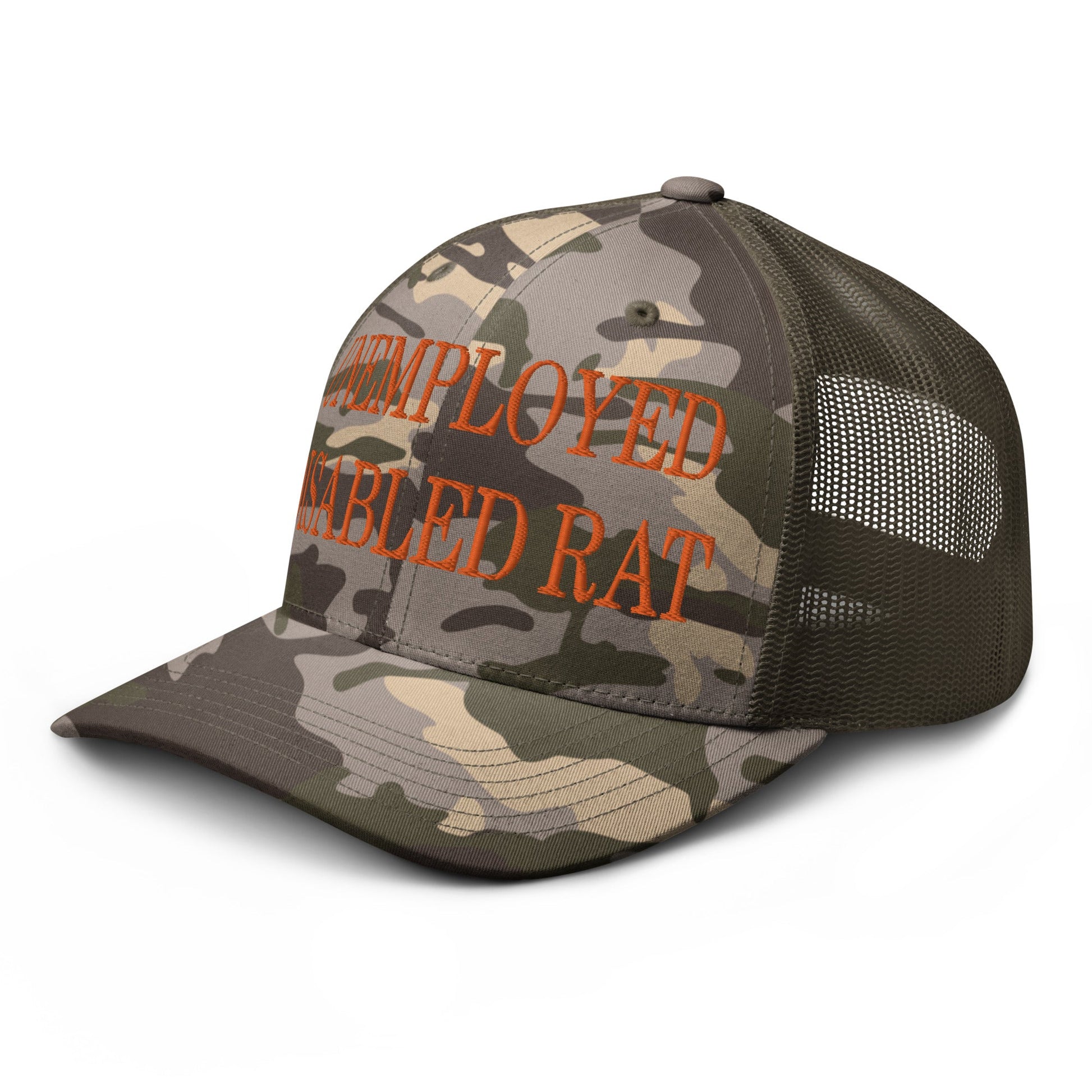 Unemployed Disabled Rat Embroidered Orange Camo Trucker Hat Camo Olive