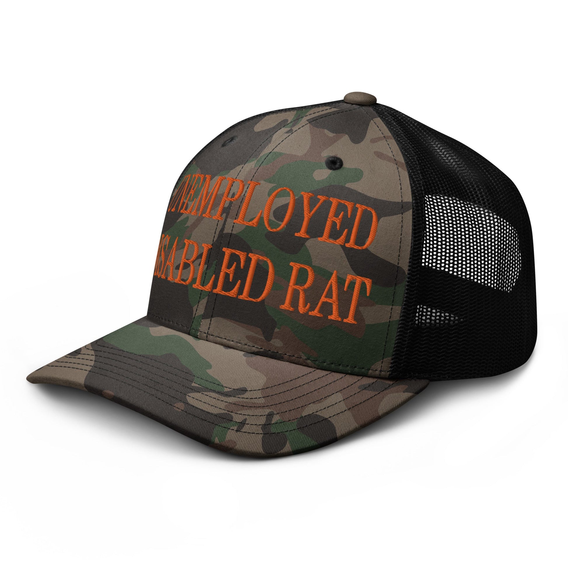 Unemployed Disabled Rat Embroidered Orange Camo Trucker Hat Camo Black