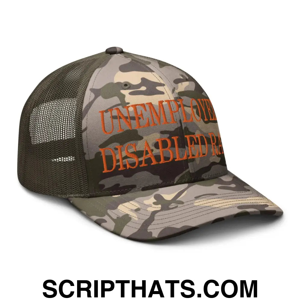 Unemployed Disabled Rat Embroidered Orange Camo Trucker Hat Camo Olive