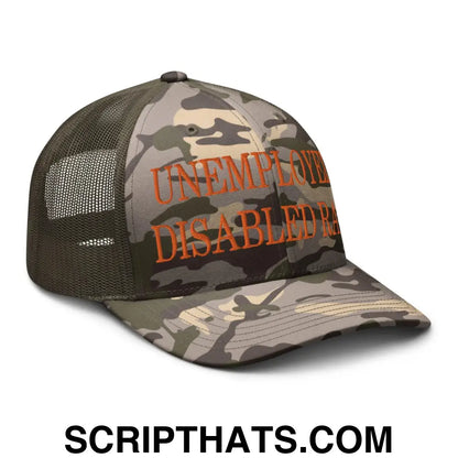 Unemployed Disabled Rat Embroidered Orange Camo Trucker Hat Camo Olive