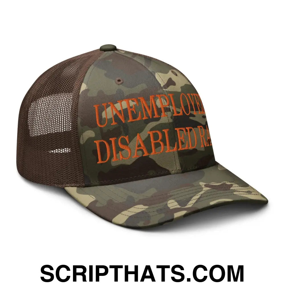 Unemployed Disabled Rat Embroidered Orange Camo Trucker Hat Camo Brown