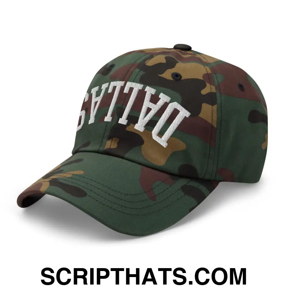 Upside Down Dallas Varsity Letterman Embroidered Dad Hat Green Camo