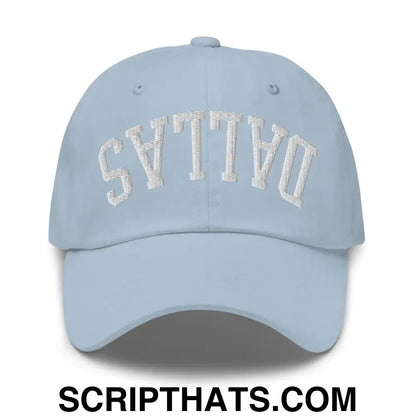 Upside Down Dallas Varsity Letterman Embroidered Dad Hat Light Blue