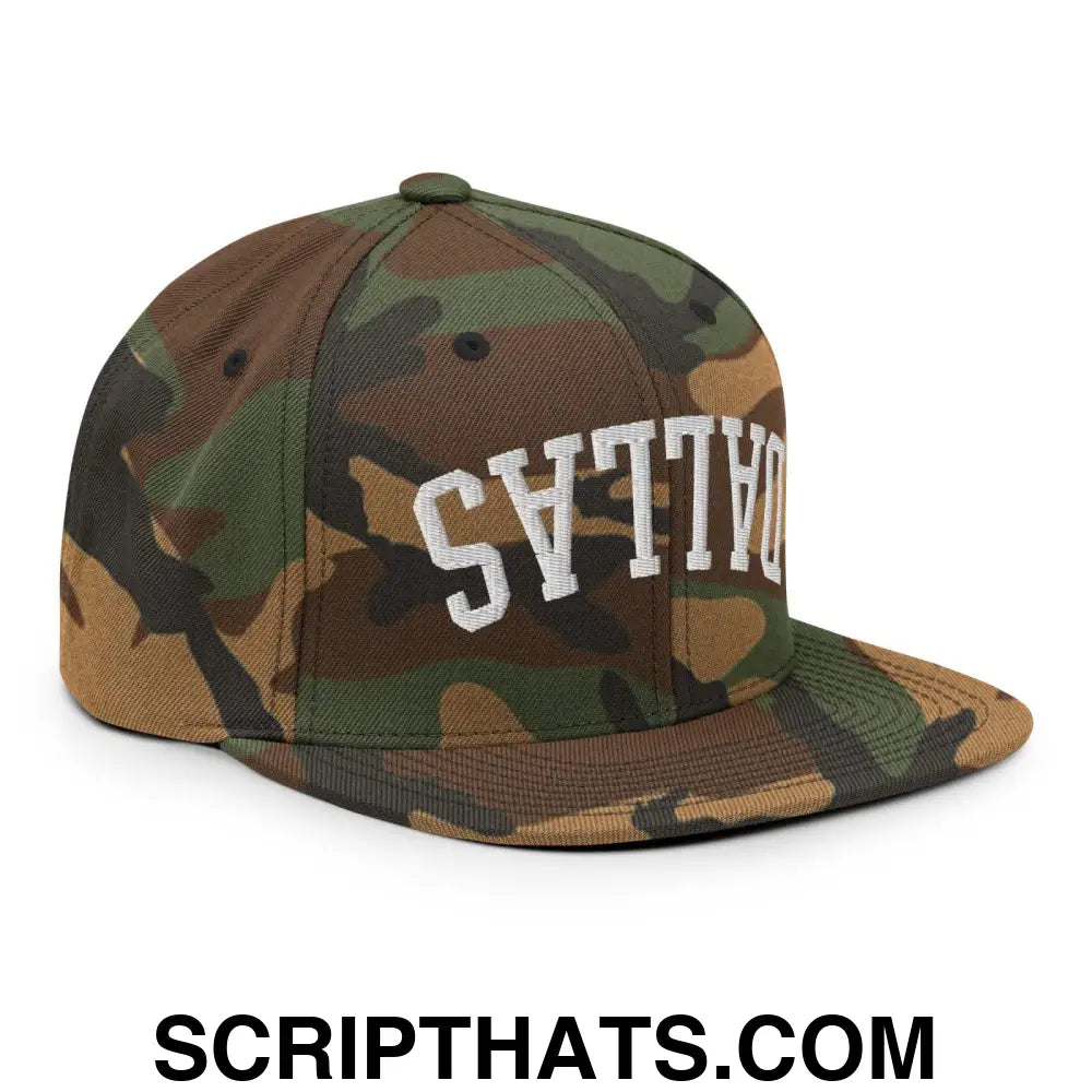 Upside Down Dallas Varsity Letterman Flat Bill Brim Snapback Hat Green Camo