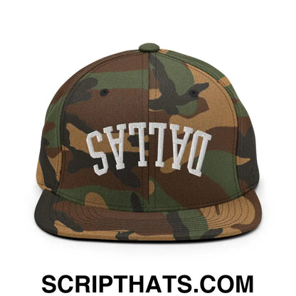 Upside Down Dallas Varsity Letterman Flat Bill Brim Snapback Hat Green Camo