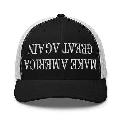 Upside Down Make America Great Again MAGA Embroidered Mesh Trucker Hat Black White