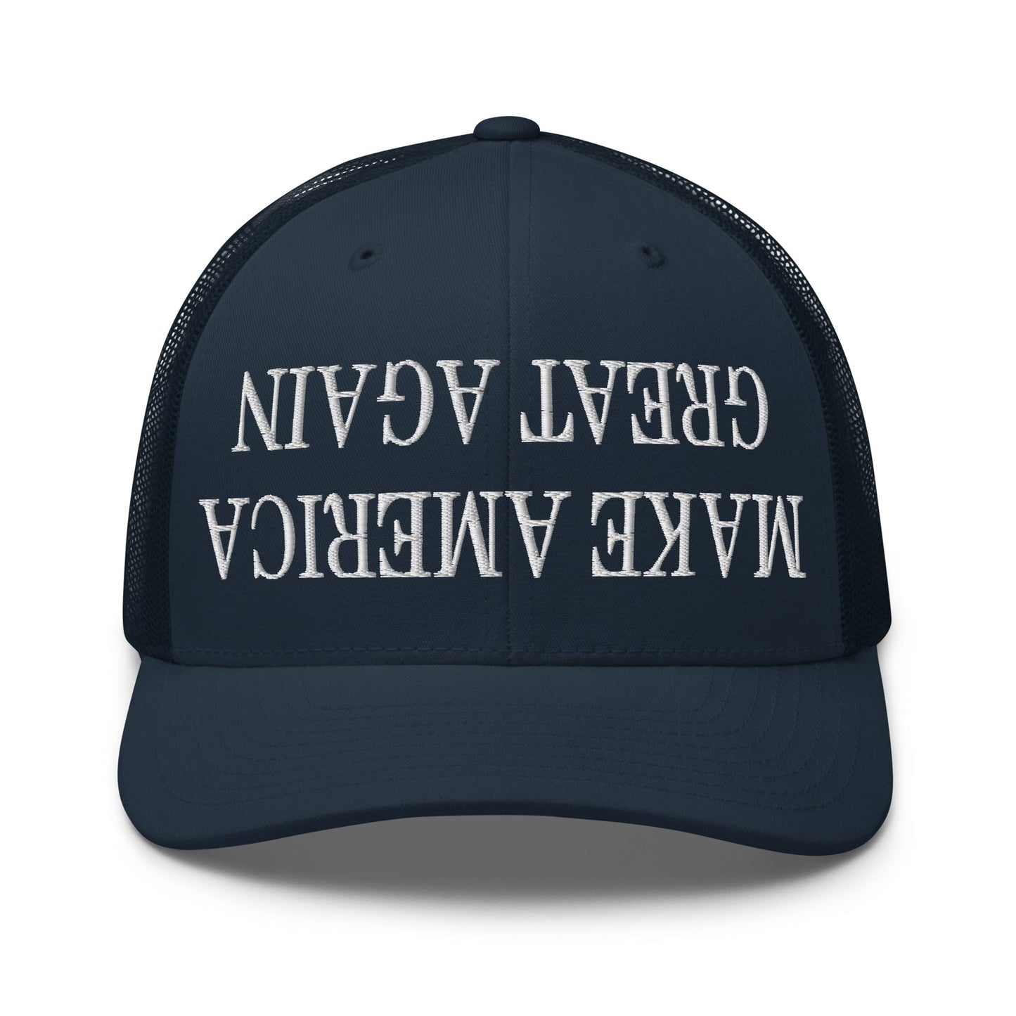 Upside Down Make America Great Again MAGA Embroidered Mesh Trucker Hat Navy