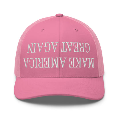 Upside Down Make America Great Again MAGA Embroidered Mesh Trucker Hat Pink