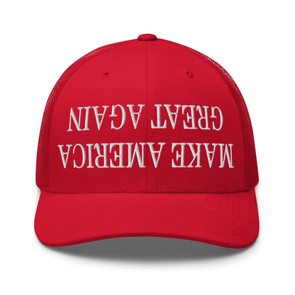 Upside Down Make America Great Again MAGA Embroidered Mesh Trucker Hat Red