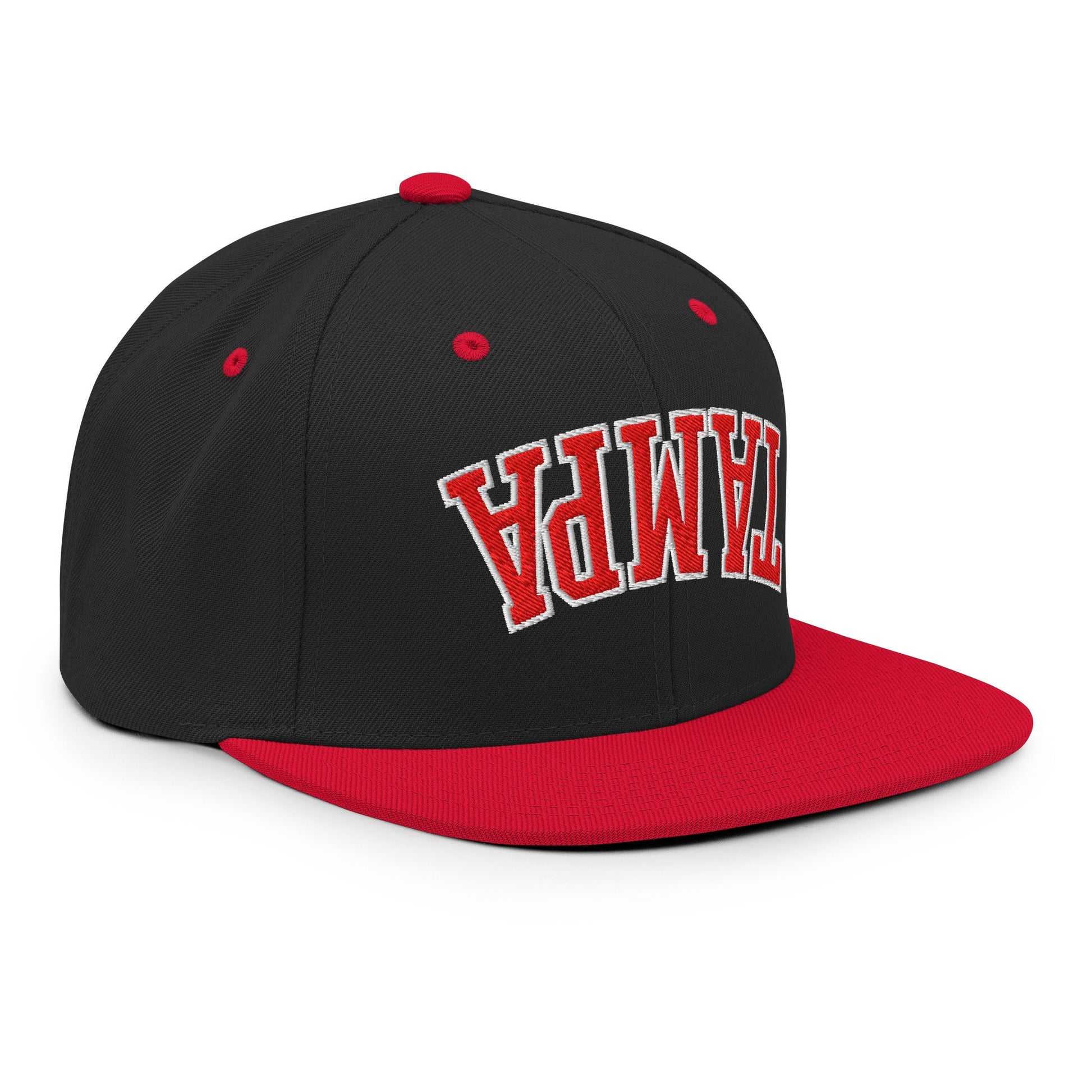 Upside Down Tampa Football Embroidered Flat Bill Brim Snapback Hat Black Red