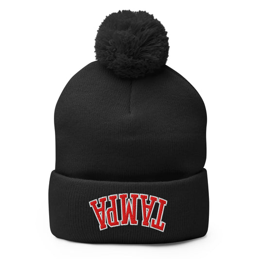 Upside Down Tampa Football Embroidered Knit Pom Pom Beanie Black