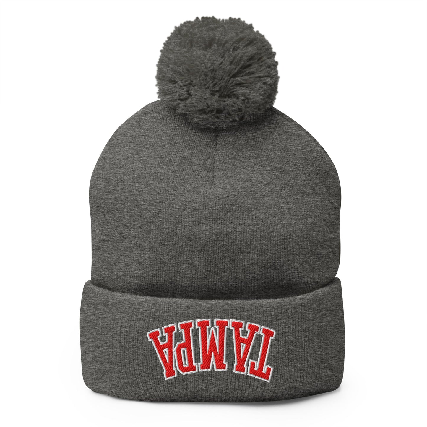 Upside Down Tampa Football Embroidered Knit Pom Pom Beanie Dark Heather Grey