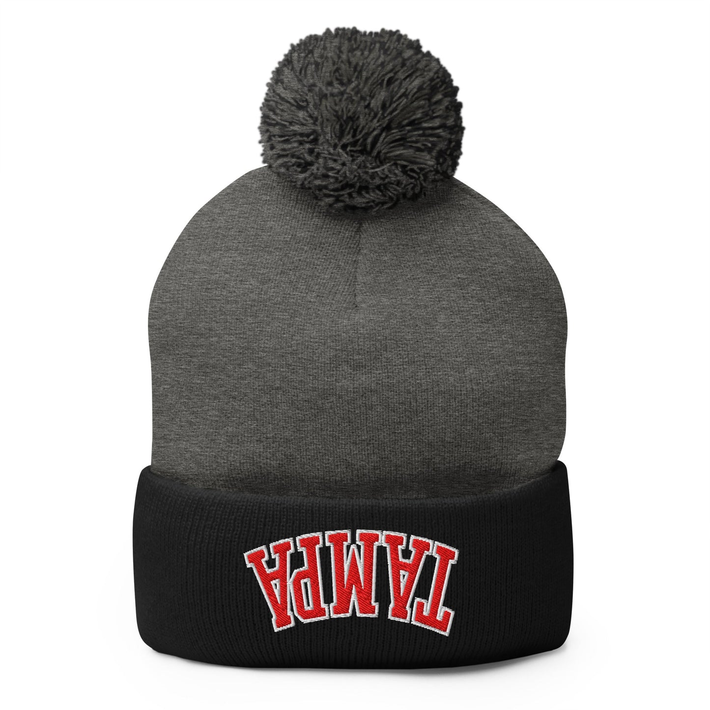 Upside Down Tampa Football Embroidered Knit Pom Pom Beanie Dark Heather Grey Black