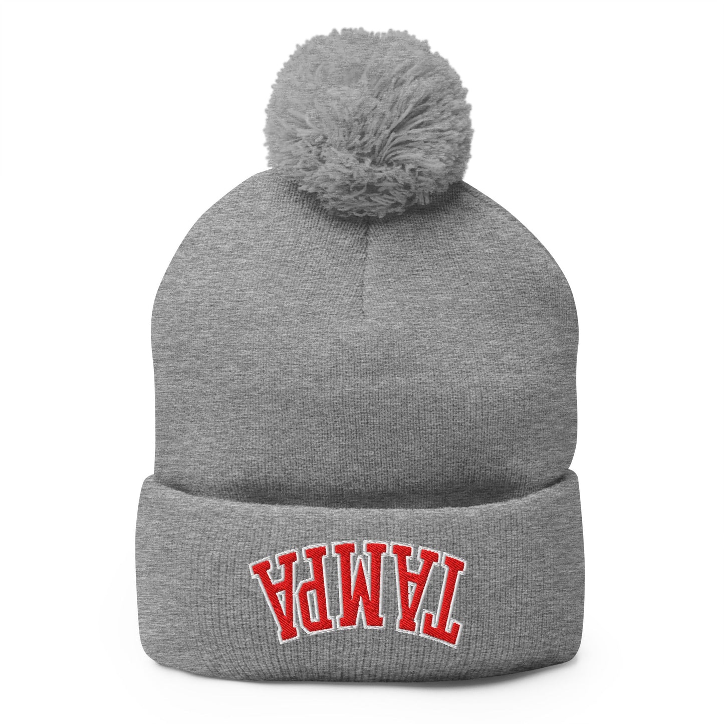 Upside Down Tampa Football Embroidered Knit Pom Pom Beanie Heather Grey