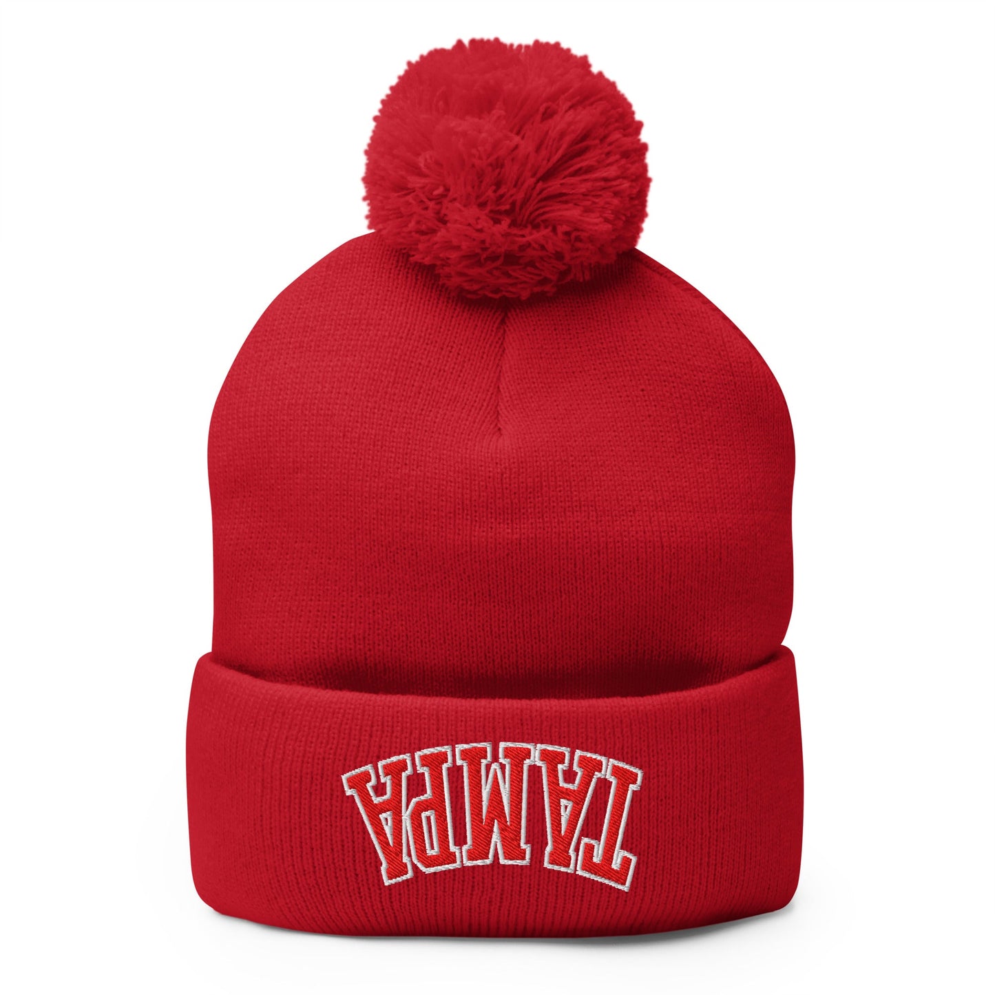 Upside Down Tampa Football Embroidered Knit Pom Pom Beanie Red