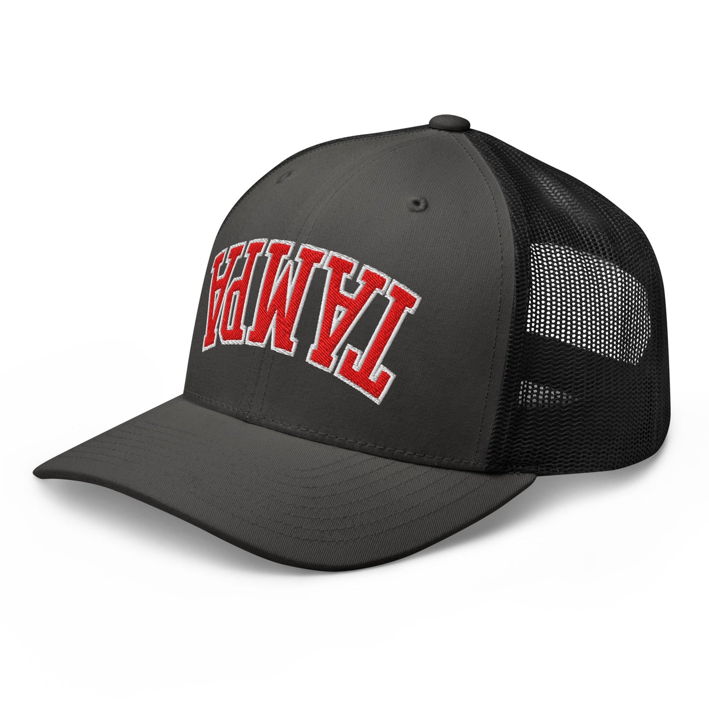 Upside Down Tampa Football Embroidered Mesh Trucker Hat Charcoal Black