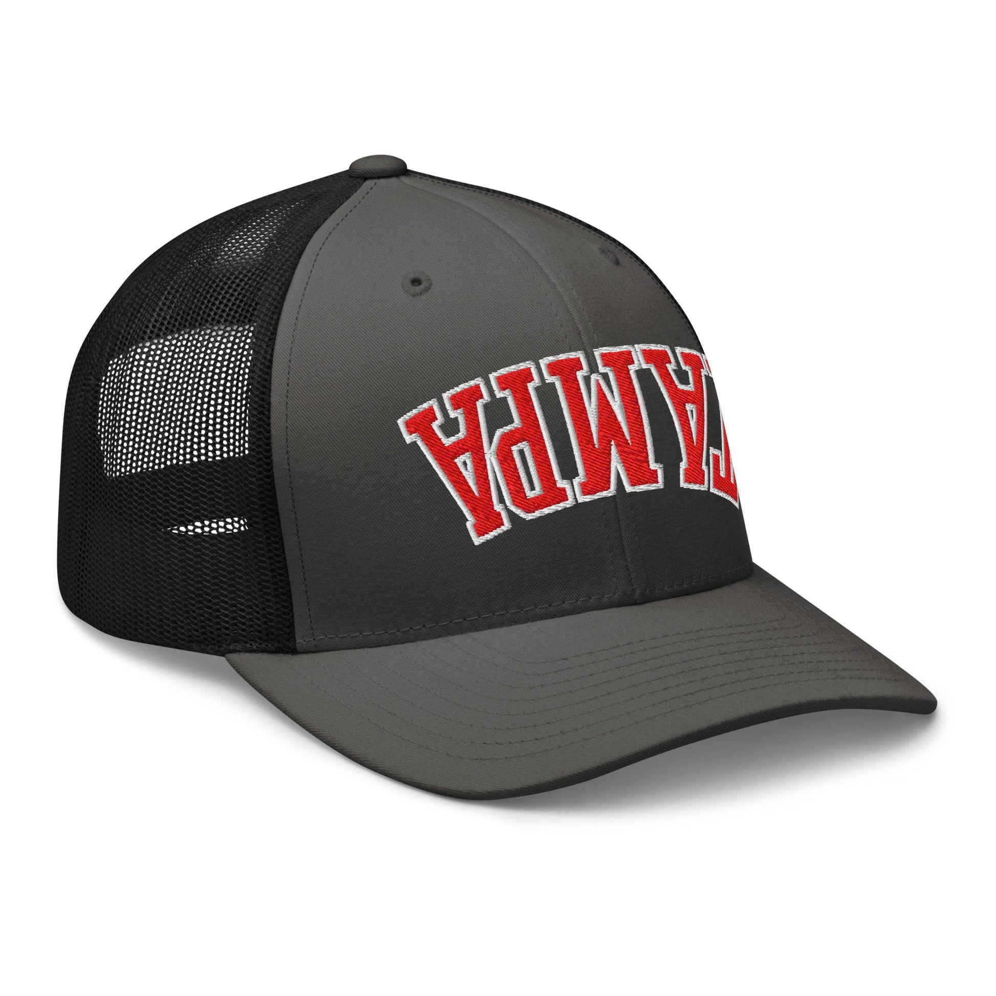 Upside Down Tampa Football Embroidered Mesh Trucker Hat Charcoal Black