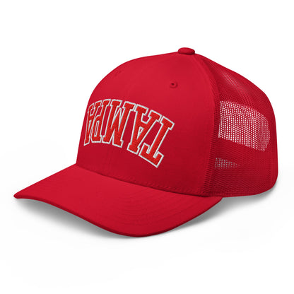 Upside Down Tampa Football Embroidered Mesh Trucker Hat Red