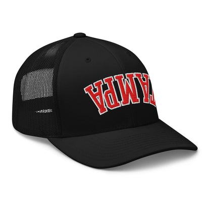 Upside Down Tampa Football Embroidered Mesh Trucker Hat Black