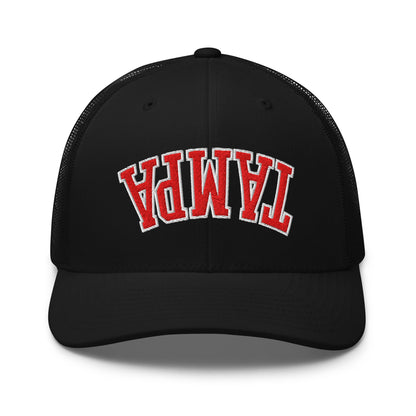 Upside Down Tampa Football Embroidered Mesh Trucker Hat Black