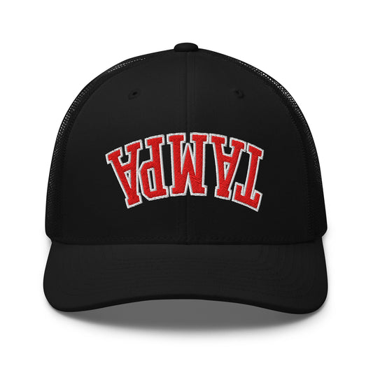 Upside Down Tampa Football Embroidered Mesh Trucker Hat Black