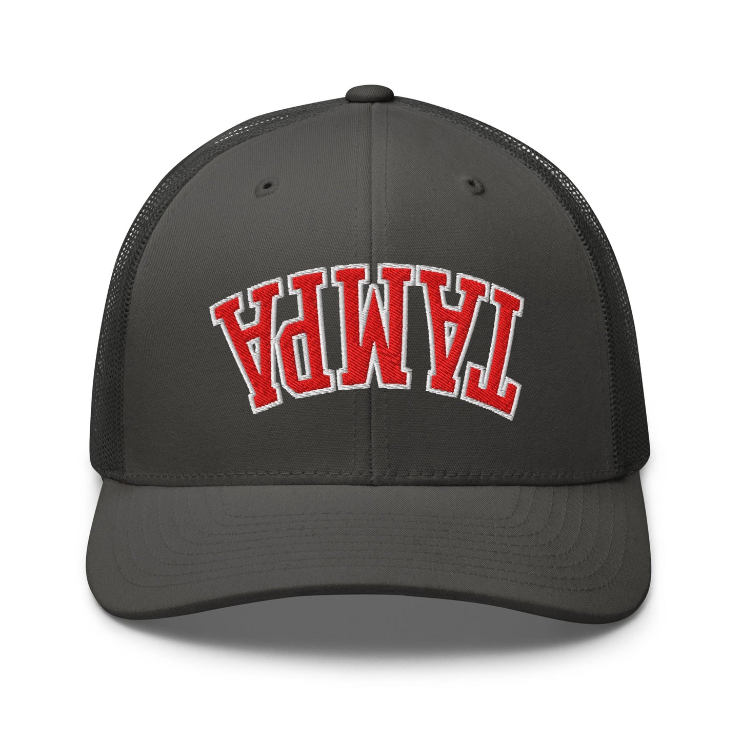 Upside Down Tampa Football Embroidered Mesh Trucker Hat Charcoal