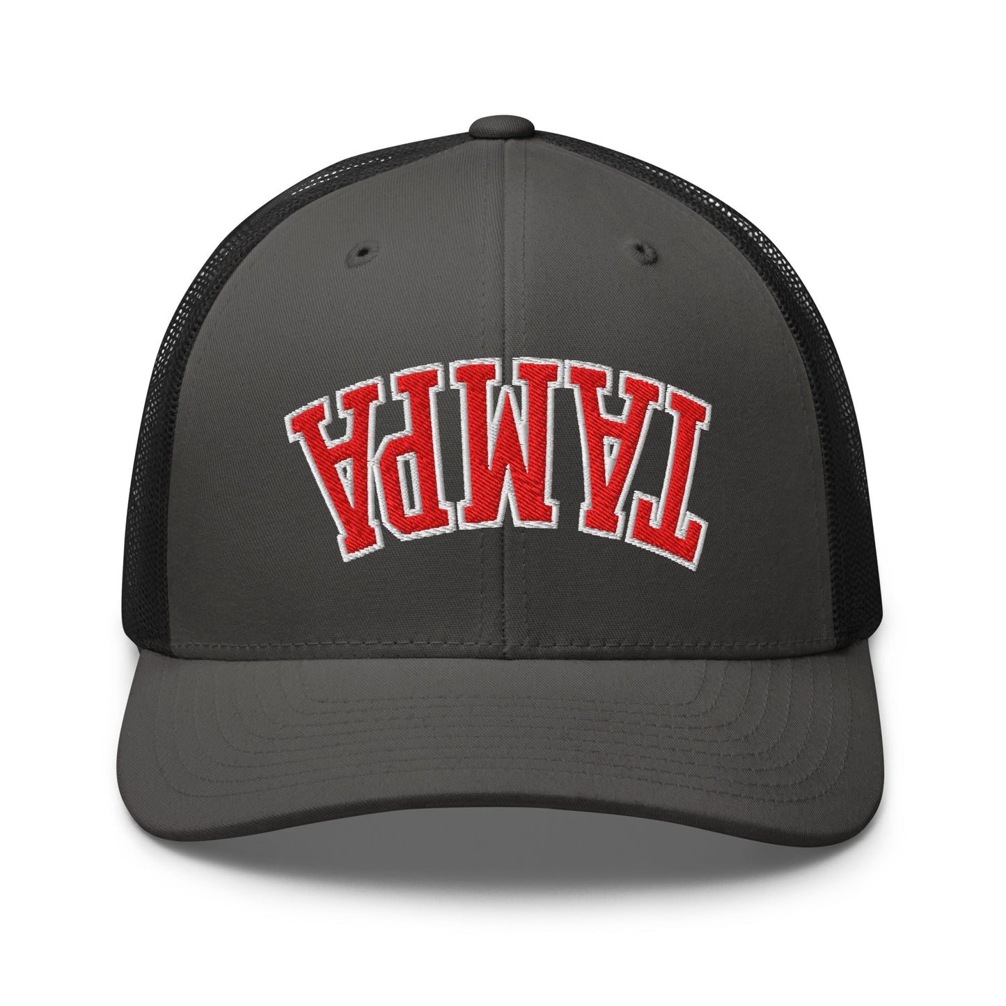 Upside Down Tampa Football Embroidered Mesh Trucker Hat Charcoal Black