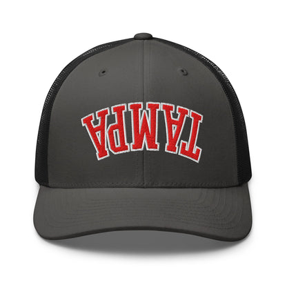 Upside Down Tampa Football Embroidered Mesh Trucker Hat Charcoal Black