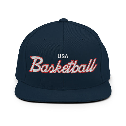 USA Basketball Team Sports Vintage Script Snapback Hat Dark Navy